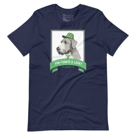 A Fur-tunite & Lucky Irish Wolfhound Dog For St.Patricks Day Unisex t-shirt featuring a dog wearing a green hat for St.Patrick's Day.