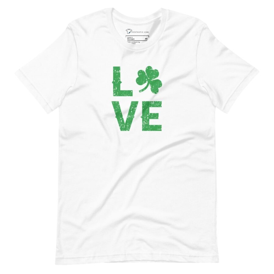 A white LOVE St.Patricks unisex t-shirt with a shamrock.