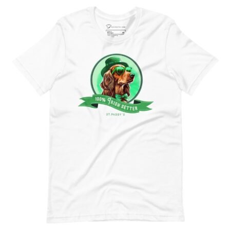 A 100% Irish Setter Dog Design St. Patricks Day unisex t-shirt featuring a dachshund wearing sunglasses.