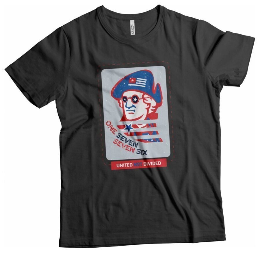 Independence Day 4th July "ONE SEVEN SEVEN SIX" George Washington Unisex Heavy Cotton Tee with pirate wearing sunglasses.