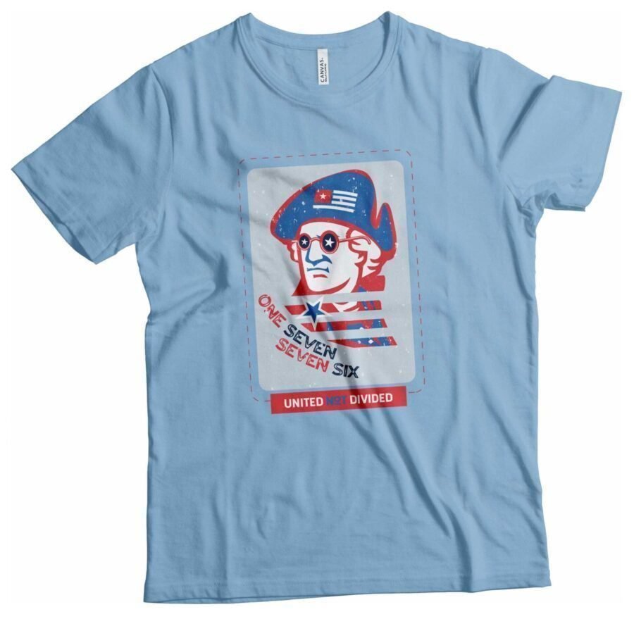 A light blue Independence Day 4th July "ONE SEVEN SEVEN SIX" George Washington Unisex Heavy Cotton Tee with an image of a man wearing sunglasses, perfect for Independence Day celebrations.