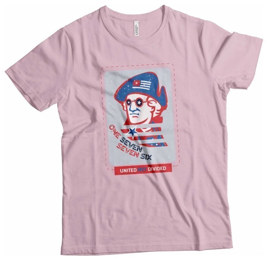 A pink Independence Day 4th July "ONE SEVEN SEVEN SIX" George Washington Unisex Heavy Cotton Tee featuring an image of a man wearing sunglasses, ideal for Independence Day.