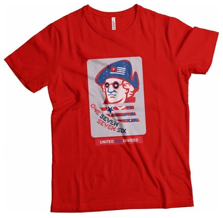 Independence Day 4th July "ONE SEVEN SEVEN SIX" George Washington Unisex Heavy Cotton Tee with an image of a man wearing sunglasses and a hat.