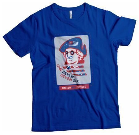 A Independence Day 4th July "ONE SEVEN SEVEN SIX" George Washington Unisex Heavy Cotton Tee featuring an image of a man wearing sunglasses and a hat.