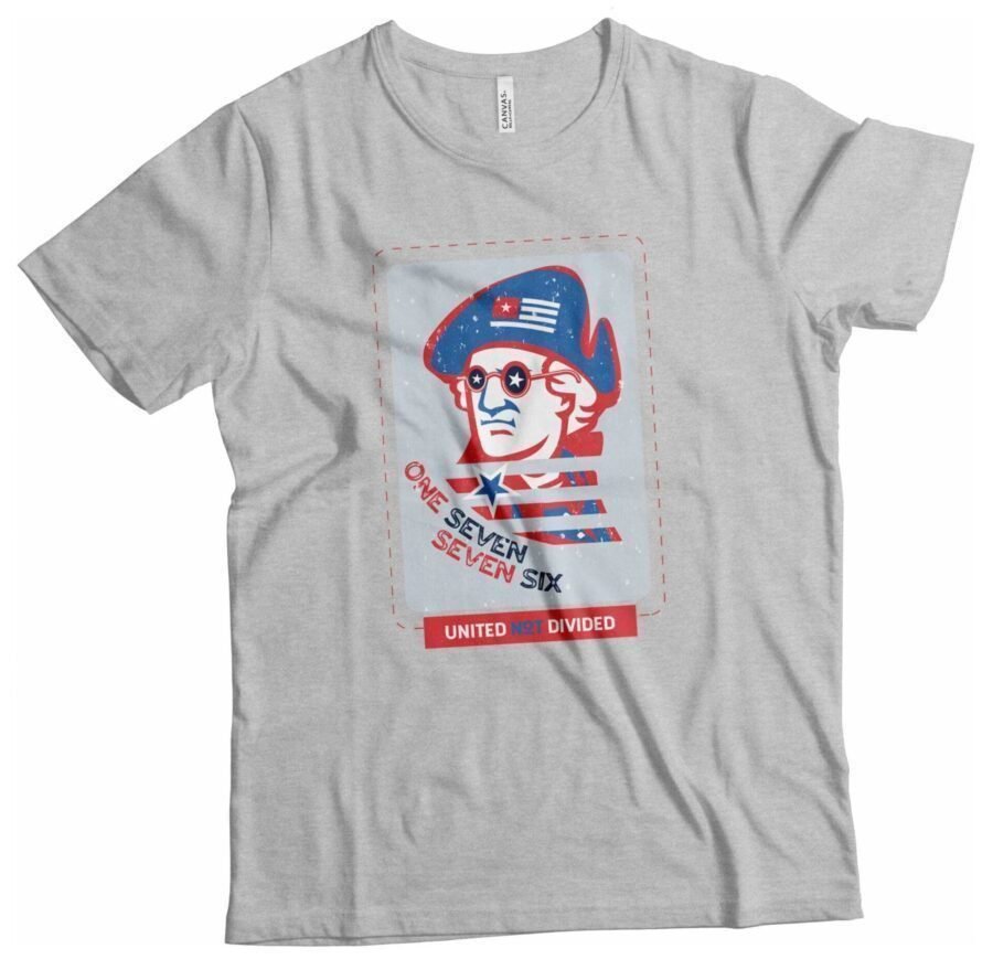 A Independence Day 4th July "ONE SEVEN SEVEN SIX" George Washington Unisex Heavy Cotton Tee with an image of George Washington.