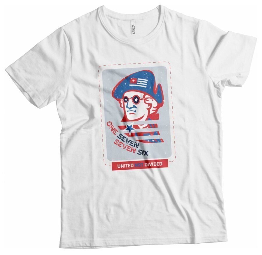 Independence Day 4th July "ONE SEVEN SEVEN SIX" George Washington Unisex Heavy Cotton Tee with an American flag.