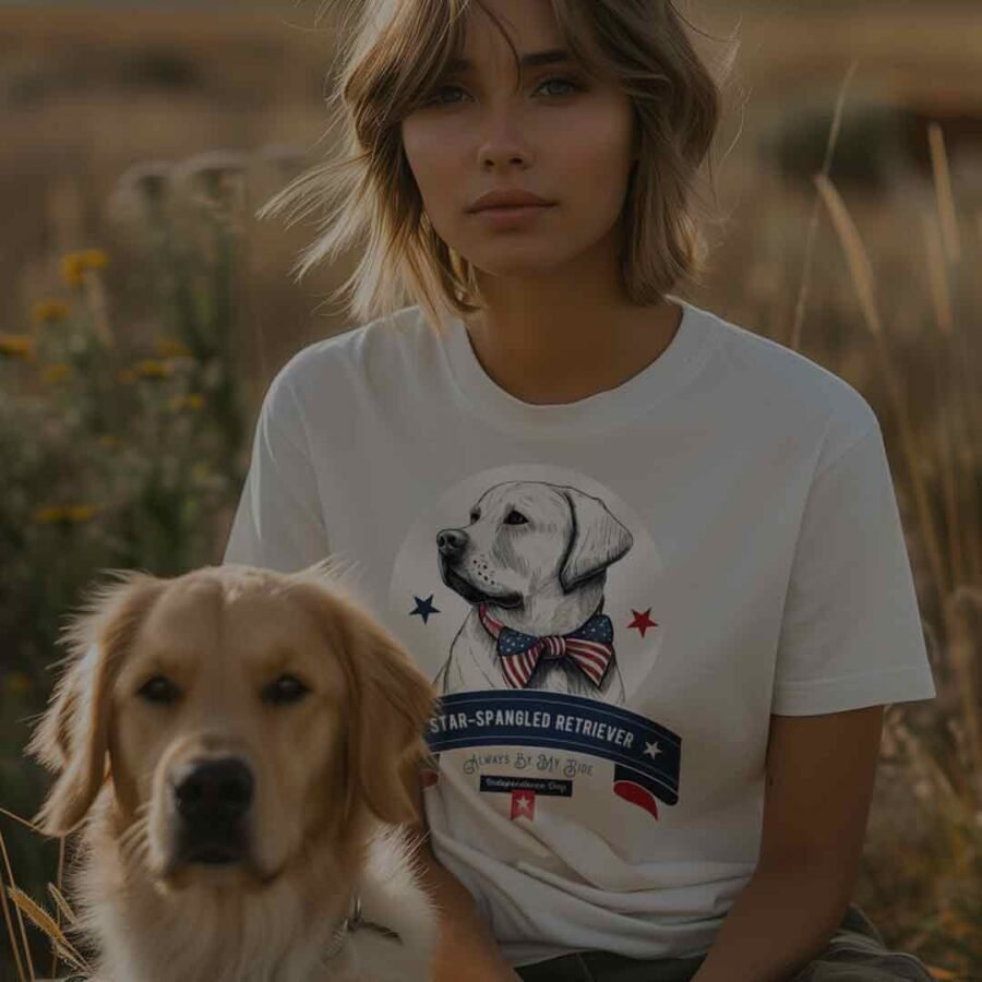 Woman in a 4th July Star graphic t-shirt featuring a Spangled Retriever Dog sits outdoors with a golden, spangled retriever by her side.