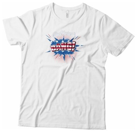 A white Independence Day 4th July "HERE TO BANG FIREWORKS" Unisex Heavy Cotton Tee with an American flag on it.