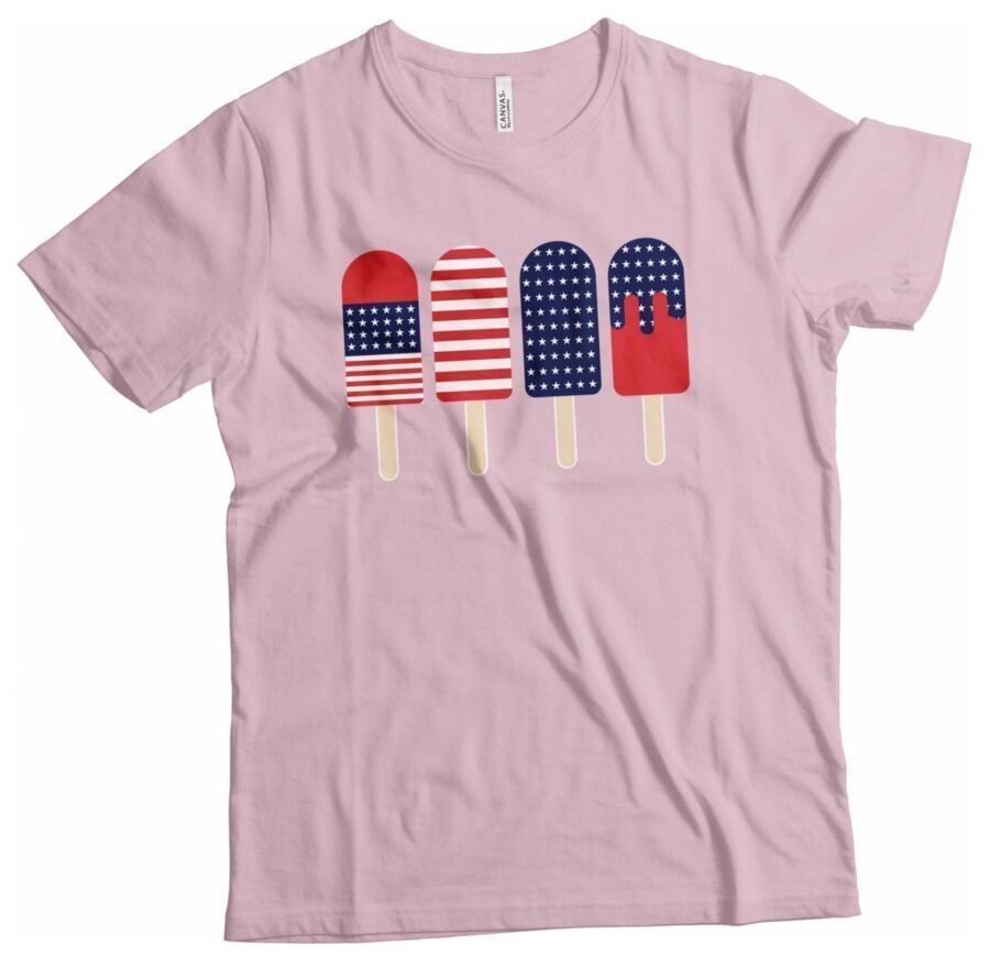 A pink t-shirt featuring American flag popsicles, perfect for Independence Day 4th July "Ice Cream" Unisex Heavy Cotton Tee.