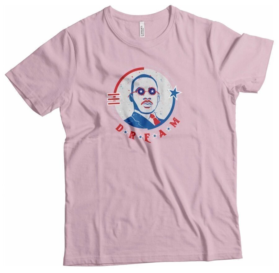 A pink Independence Day 4th July "DREAM" Luther Unisex Heavy Cotton Tee with an image of a man wearing glasses.