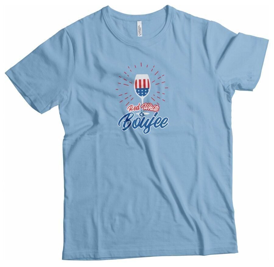 A light blue Independence Day 4th July "RED WHITE AND BOUJEE" Unisex Heavy Cotton Tee with an American flag design.