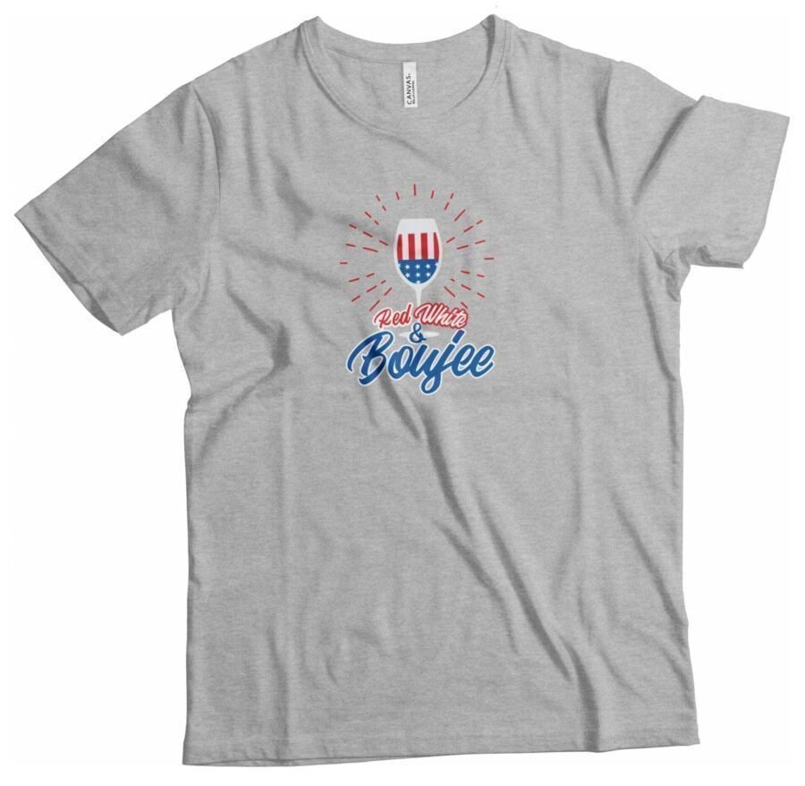 A red, white, and blue flag on a gray Independence Day 4th July "RED WHITE AND BOUJEE" Unisex Heavy Cotton Tee.