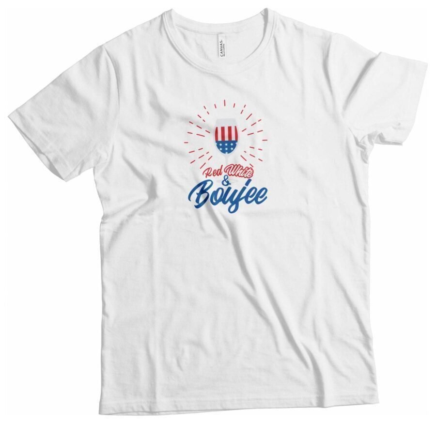 A white Independence Day 4th July "RED WHITE AND BOUJEE" Unisex Heavy Cotton Tee, perfect for Independence Day.