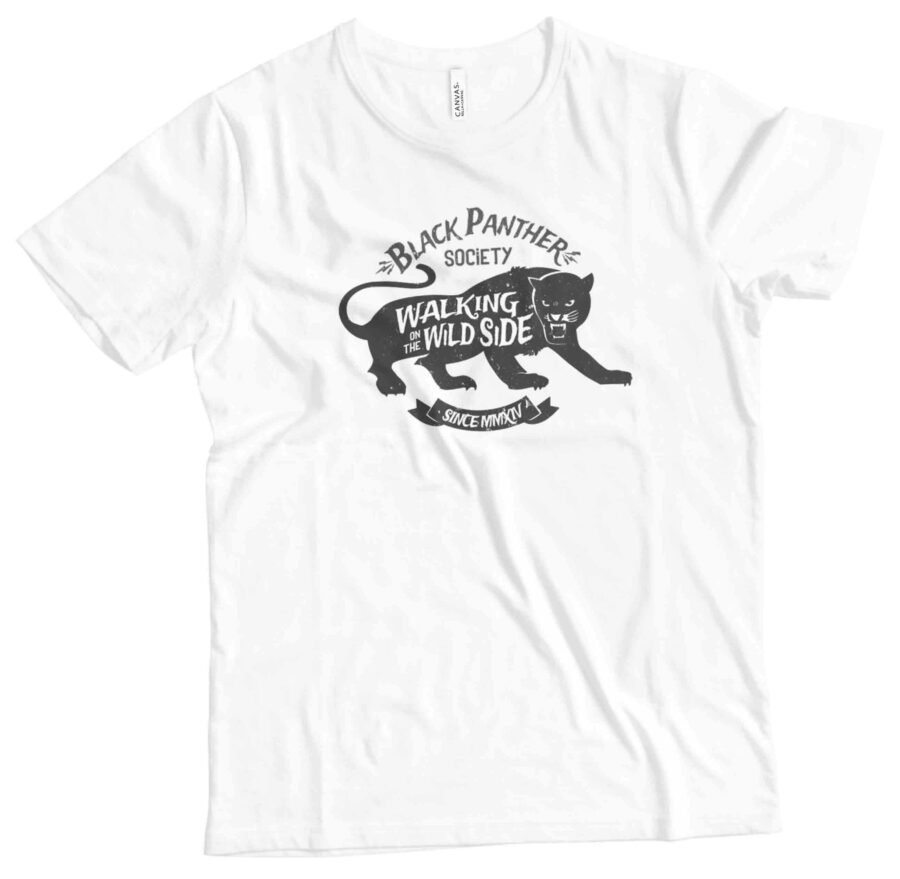A white t-shirt with a black cat on it from AMERICAN VINTAGE PANTHER SOCIETY Unisex Ultra Cotton Tee.