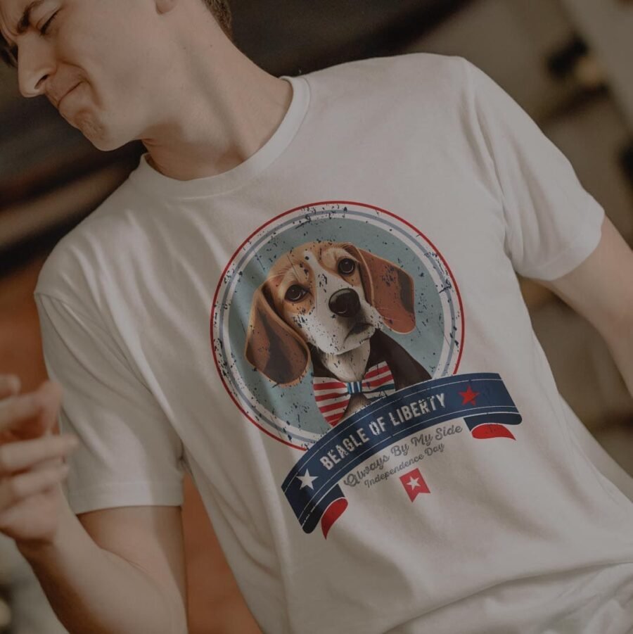 A man wearing a Independence Day 4th July | BEAGLE LIBERTY | Unisex Heavy Cotton Tee t-shirt with a BEAGLE image.