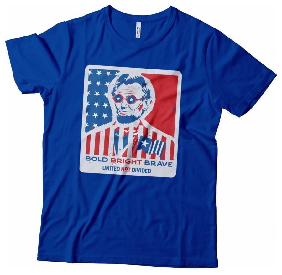 A bold blue Independence Day 4th July "BOLD BRIGHT BRAVE" Abraham Lincoln Unisex Heavy Cotton Tee, perfect for Independence Day.