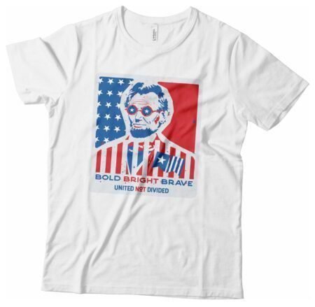 A white Independence Day 4th July "BOLD BRIGHT BRAVE" Abraham Lincoln Unisex Heavy Cotton Tee, perfect for Independence Day.