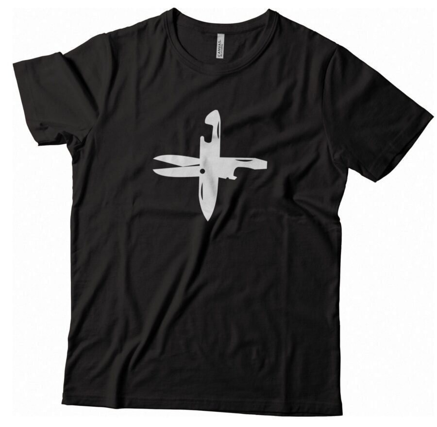 A Swiss Knife Cross Design T-shirts Unisex Heavy Cotton Tee on a black unisex T-shirt.