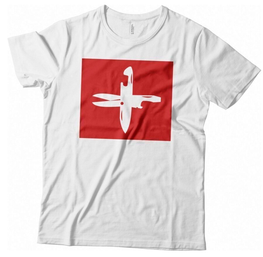 A white t-shirt with an image of a knife: Swiss Knife Cross Design T-shirts Unisex Heavy Cotton Tee.