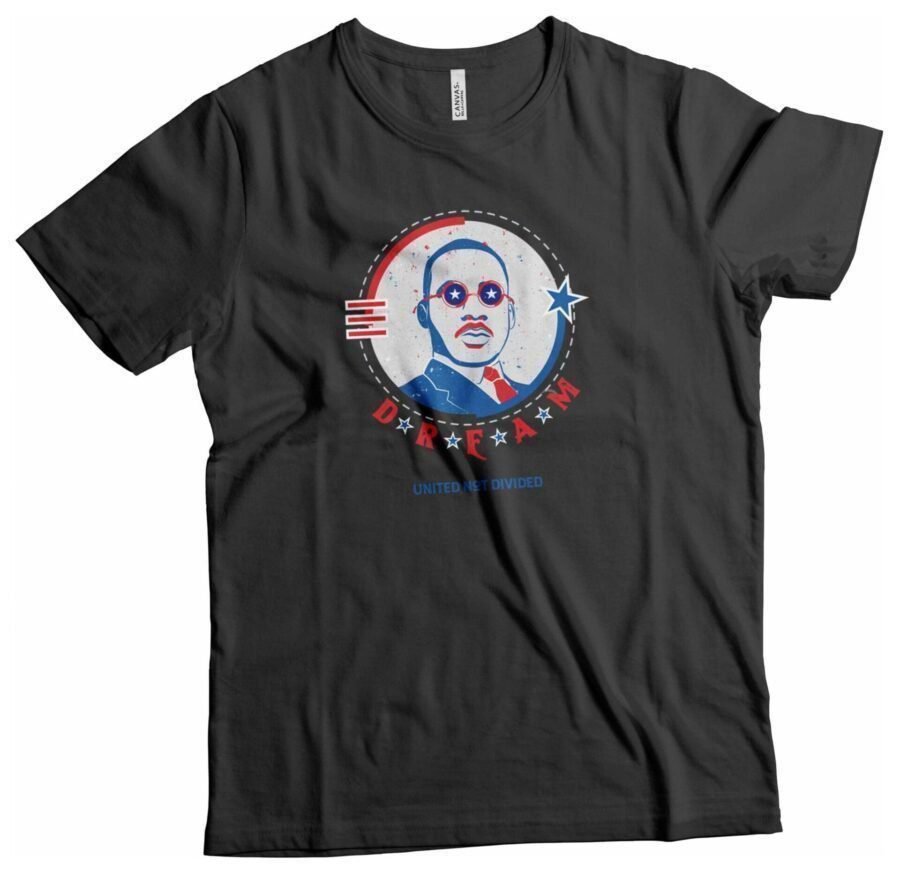 A black t-shirt with an image of President Obama celebrating Independence Day, called the "Independence Day 4th July 'DREAM' Martin Luther Heavy Cotton Tee".