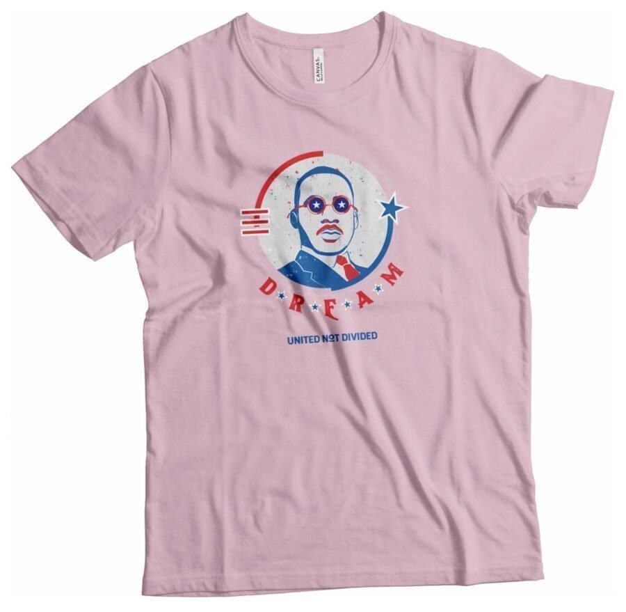 A Independence Day 4th July "DREAM" Martin Luther Heavy Cotton Tee with an image of a man wearing glasses.