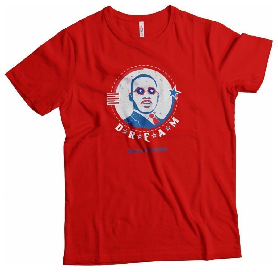 A red "Independence Day 4th July 'DREAM' Martin Luther Heavy Cotton Tee" with an image of a man wearing glasses, perfect for Independence Day 4th July.