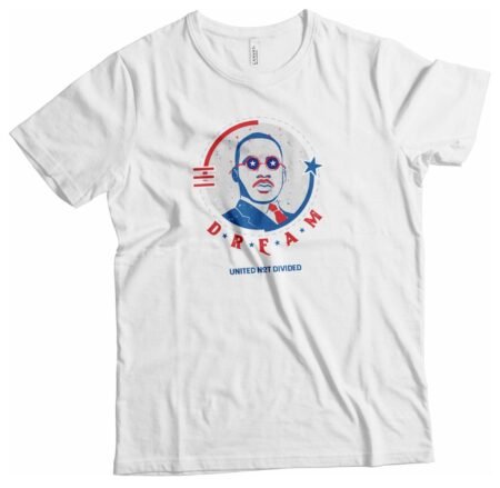 A white Independence Day 4th July "DREAM" Martin Luther Heavy Cotton Tee with an image of a man wearing glasses, perfect for Independence Day.