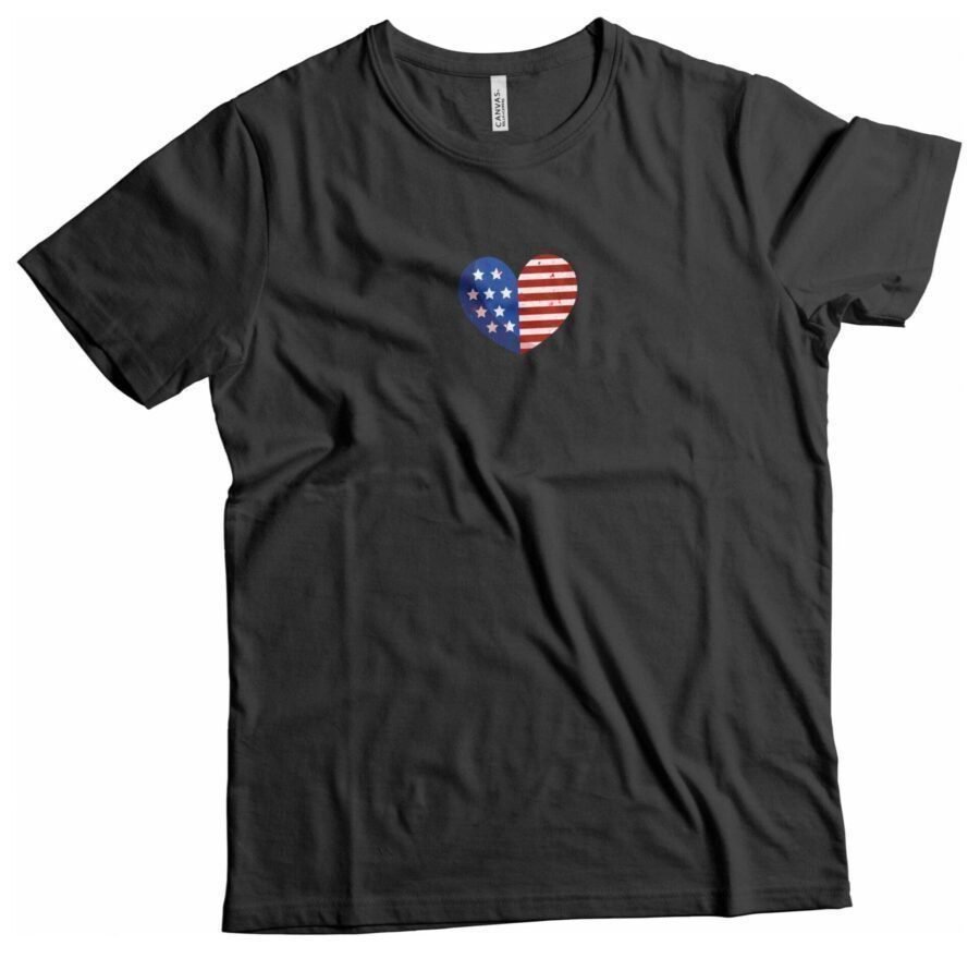 A Independence Day 4th July "HEART" Unisex Heavy Cotton Tee with an American flag heart on it for Independence Day.