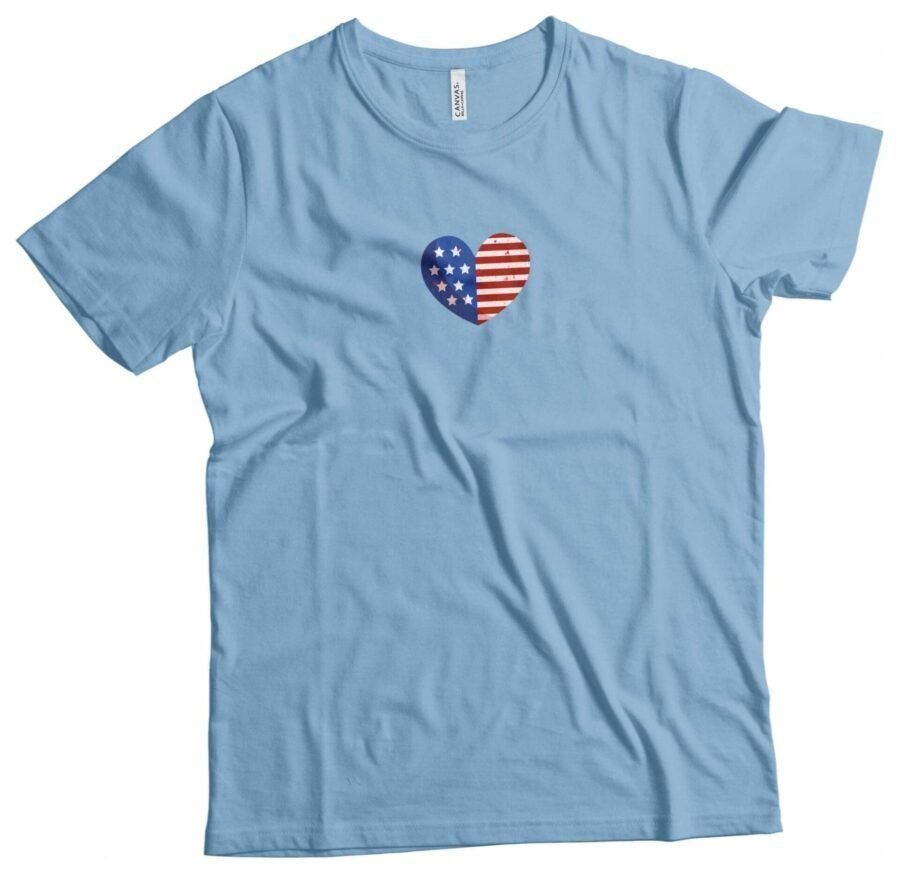 A light blue Independence Day 4th July "HEART" Unisex Heavy Cotton Tee with an American flag heart on it.