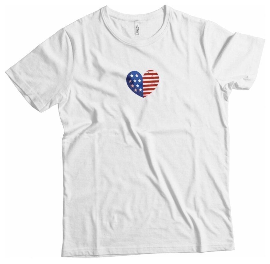 A white Independence Day 4th July "HEART" Unisex Heavy Cotton Tee with an American flag heart on it for Independence Day.