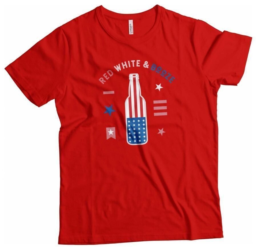 A "Independence Day 4th July RED WHITE AND BOOZE" Unisex Heavy Cotton Tee with an American flag and a beer bottle.