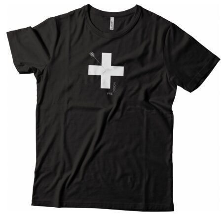 A black Precision Swiss Cross Helvetica T-shirt Unisex Heavy Cotton Tee with a white Swiss cross on it.