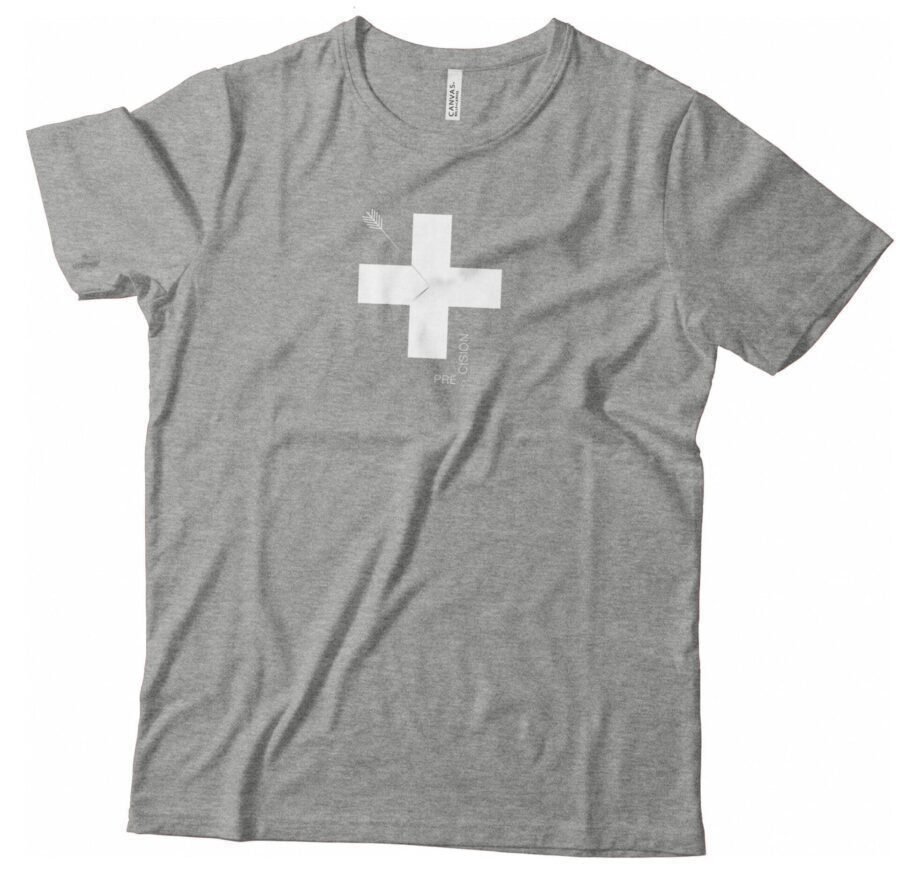 A Precision Swiss Cross Helvetica T-shirts Unisex Heavy Cotton Tee with a white cross.