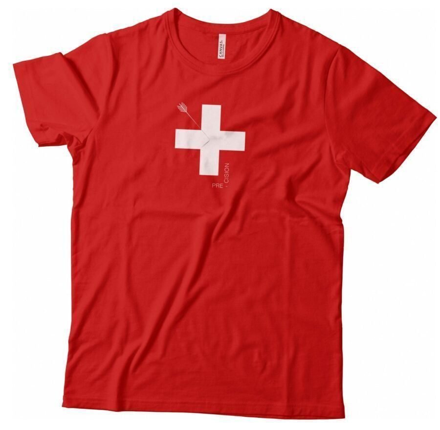 A red Precision Swiss Cross Helvetica T-shirt Unisex Heavy Cotton Tee.