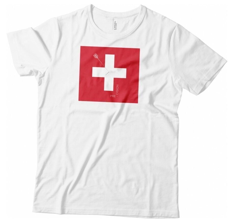 A Precision Swiss Cross Helvetica T-shirt featuring the Swiss flag design.