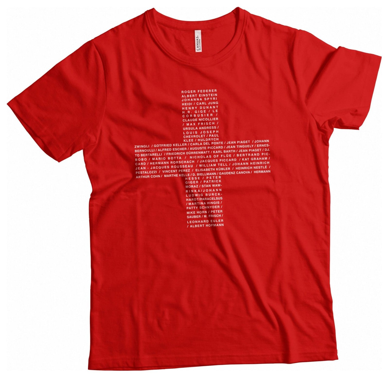 A red Swiss Cross With Names Of Famous Swiss Personalities Switzerland / Helvetica T-shirt.