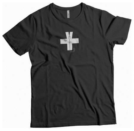 A Swiss Cross Zip Design on a black t-shirt.