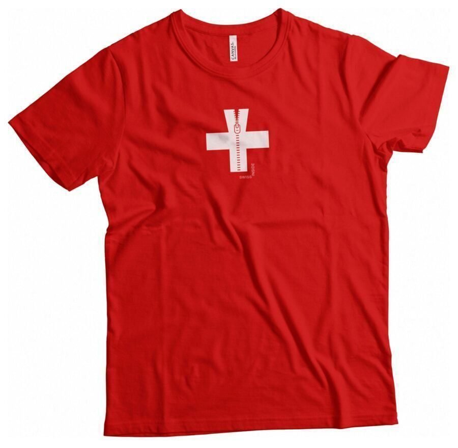 A Swiss Cross Zip Design on a red t-shirt.