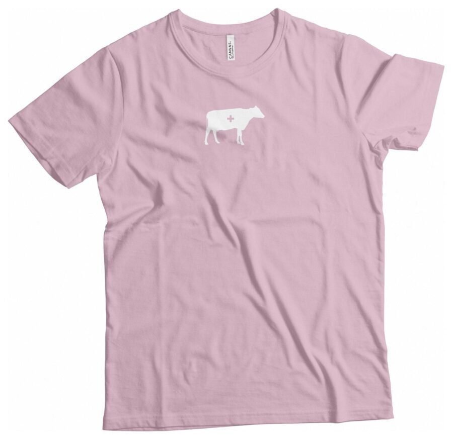 A pink Swiss Cow Icon Design T-shirt Unisex Heavy Cotton Tee with a white Swiss cow on it.