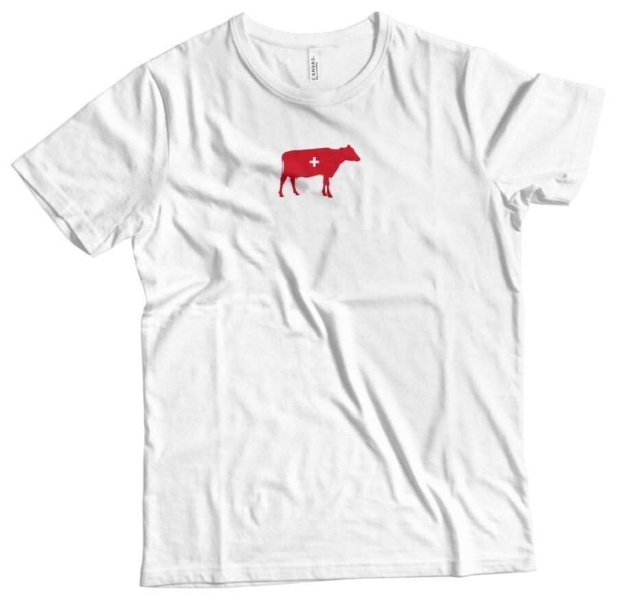 A Swiss Cow Icon Design t-shirt with a red cow icon design.