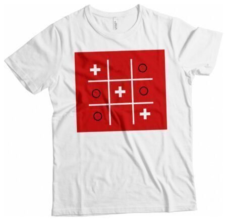 A white Tic-Tac-Toe Noughts & Swiss Cross Helvetica t-shirt with a red tic tac toe game on it. Unisex Heavy Cotton Tee