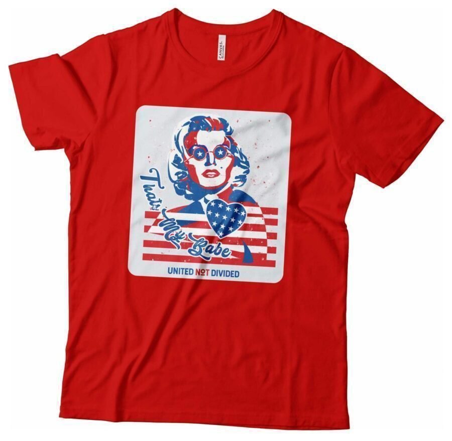 A red Independence Day 4th July "THATS MY BABE" Marilyn Monroe unisex heavy cotton tee with an image of Marilyn Monroe wearing an American flag for Independence Day.