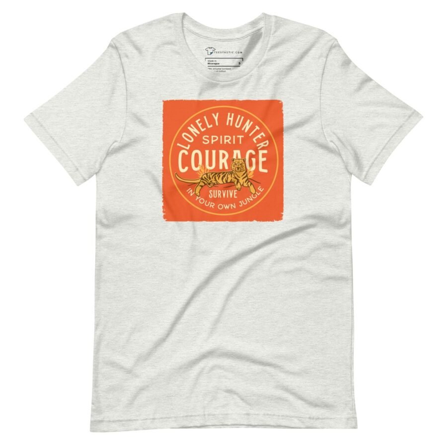 A LONELY HUNTER with COURAGE Unisex T-Shirt, with a orange logo that says courage.