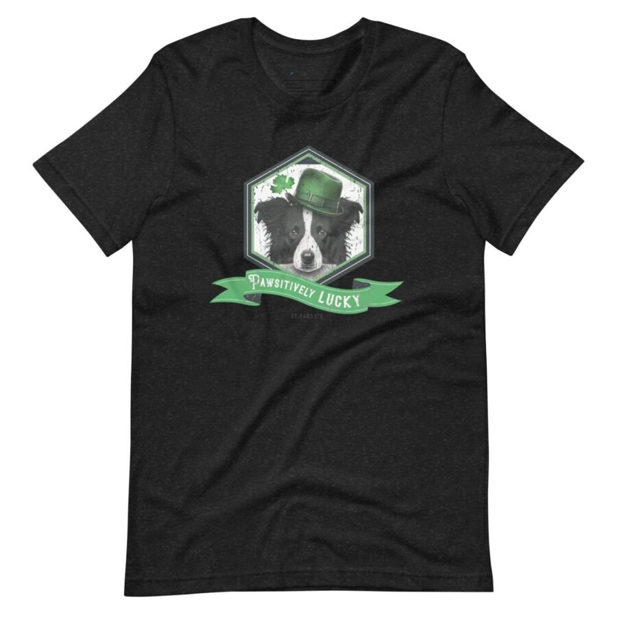 A Pawsitively Lucky St. Patricks Day Boarder Collie Dog Unisex t-shirt featuring a dog wearing a shamrock hat.