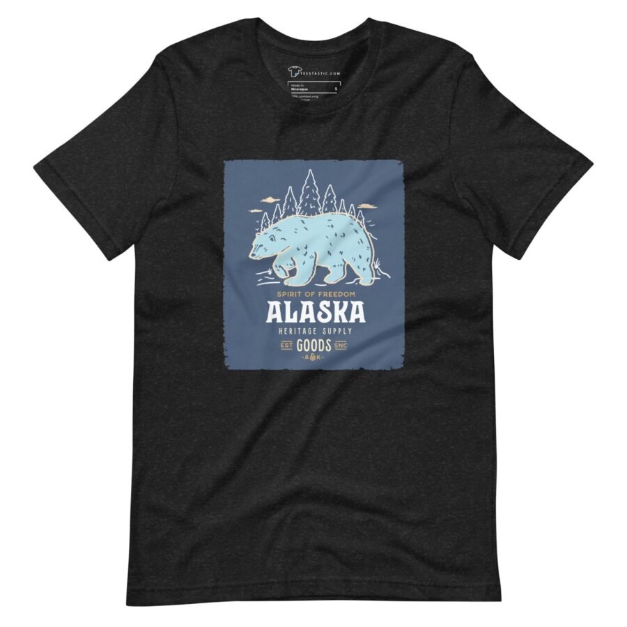 A black t-shirt with THE SPIRIT OF FREEDOM ALASKA showcasing the spirit of freedom.