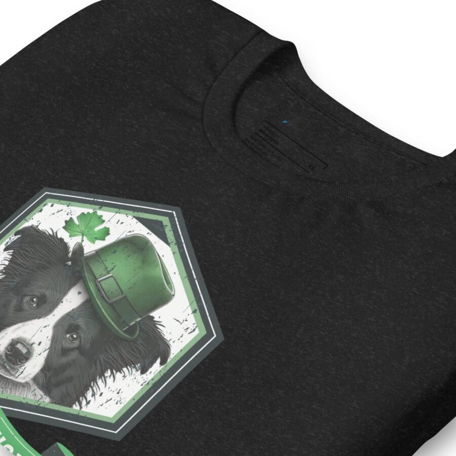 A Pawsitively Lucky St. Patrick's Day Boarder Collie Dog unisex t-shirt featuring a dog wearing a shamrock hat.