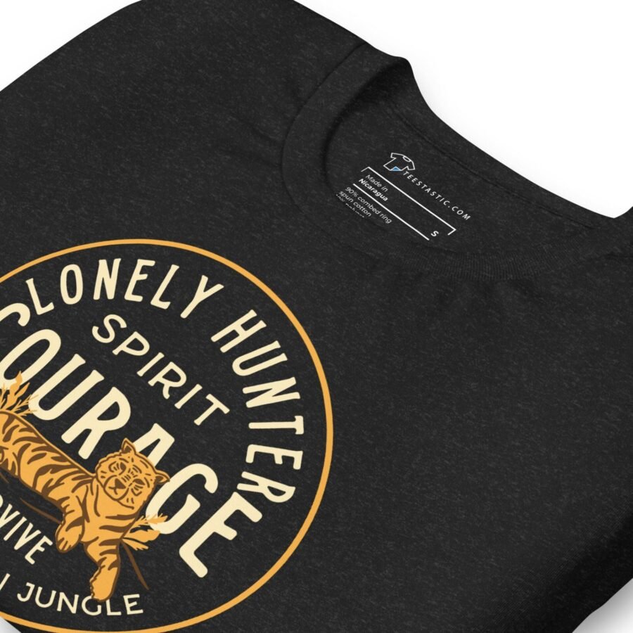 The The LONELY HUNTER with COURAGE Unisex T-Shirt features a black t-shirt.