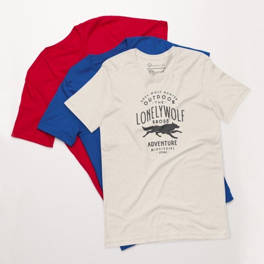 Three OUTDOOR LONELY WOLF Hunter unisex t-shirts with the word lonewolf on them.