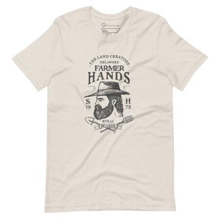 A bearded man with a beard, wearing a hat, on The Land Creators FARMERS HANDS Unisex T-Shirt.