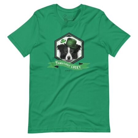 A Pawsitively Lucky St. Patricks Day Boarder Collie Dog unisex t-shirt featuring a dog in a shamrock hat with green color.